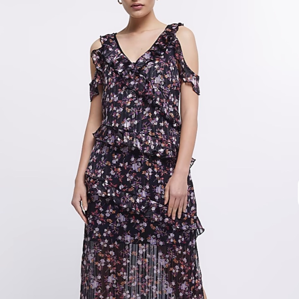RIVER ISLAND *NWT* Black Floral Frill Slip MIDI DRESS UK 16/US 12